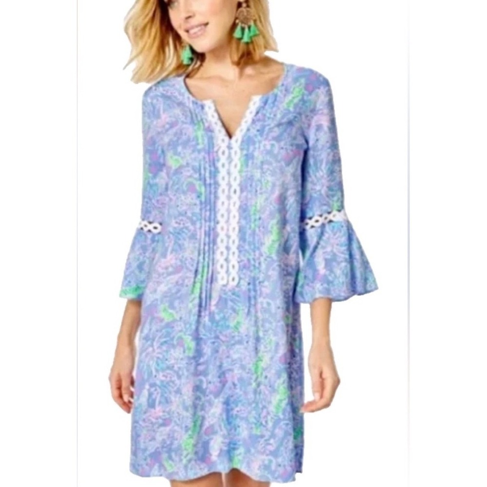 Lilly Pulitzer Hollee Dress Womens XS Blue Floral Crochet Lace Bell Sleeve Tunic